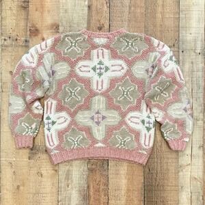 Boston Traders Vintage‎ Geometric Chunky Knit Sweater Pink Green Ramie Cotton S